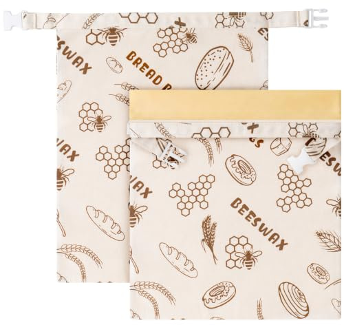 GobiSea 2-Pack Beeswax Bread Bags for homemade bread - Eco Reusable Beeswax Bread Storage Bags - Zipper & Buckle Closure - Keep Bread Fresh - Bakery Essentials