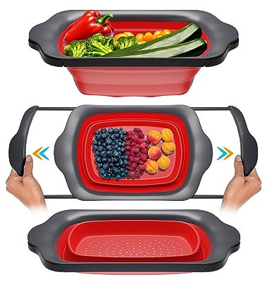 Comfify Colander Collapsible, Over The Sink Colander with Handles, Folding Strainer for Kitchen, Capacity of 6 Quart, Red/Grey