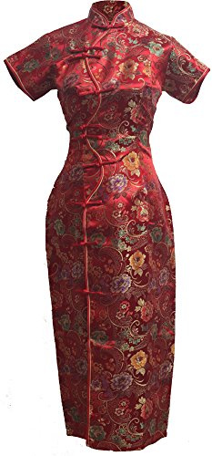 7Fairy Women's Red Long Chinese Floral Cheongsam Dress Ten Buttons Size 4 US