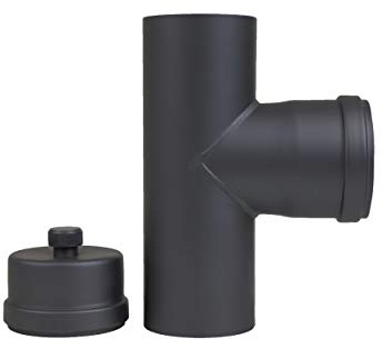 Tubo a gomito per canna fumaria a pellet, diametro 80 mm, colore grigio e nero (pezzo a T con capsula, nero).