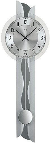 AMS 7216 Quarz Wohnzimmer Wanduhr mit Pendel moderne Pendelwanduhr Silber lackiert mit Metallpendel by AMS