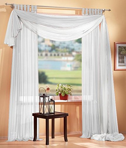Gardinen Set, 2 x Schlaufenschal Voile, transparent, 245x140, Weiß, 1 x Voile Querbehang, Freihanddeko, 140x600, Weiß, 61000560