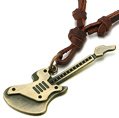 COOLSTEELANDBEYOND Vintage gitarr hänge halsband för män kvinnor med justerbar brun lädersladd, Läder, Ej tillämpbar