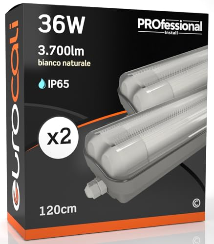 Eurocali 2 Plafoniere con 4 Tubi LED 18W 120cm T8 G13 con Starter 1850 Lumen Garanzia 6 Anni - Luce Naturale 4000K Alta Luminosità 102 lm/W - Kit Waterproof IP65 per Soffitto Garage Negozio