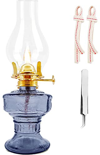 Kerosene Oil Lamp,1 Vintage Kerosene Lamp,1 Tweezers and 2 Wicks,Glass Hurricane Lantern for Indoor Lighting Decoration Outdoor Camping Use (Blue)