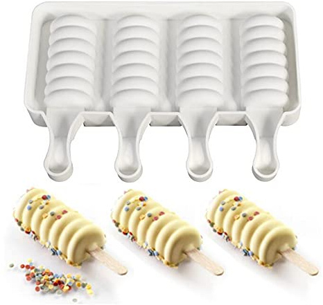 Molde Helado, Molde Helado Silicona con 50 Palos Madera, Moldes Paletas Chocolate, Molde Helados Magnum para Postre, Chocolate, DIY, 4 agujeros círculos consecutivos