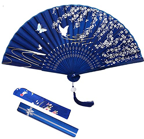 Folding Hand Fan with Lotus Pendant, Silk Fabric Handheld Fans Hand Fan Folding with Gift Box, Hollow Carved Bamboo Hand Fans for Birthday Gifts, Dancing, Performance, Wedding, Home Decoration (Blue)