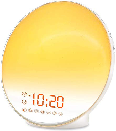 Simulazione Dell'alba Wake Up Light Sveglia da Comodino Digitale,Luminosa Sveglia Smart per Bambini,Luce Notturna Led con Doppia Sveglia, FM Radio,Snooze,7 Colori,7 Suoni Naturali