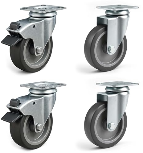 Wiltec Jeu 4x Roulette pivotante en caoutchouc – Ø 75 mm – Capacité de charge 75 kg – 2x Roue sans Frein, 2x avec Frein, Plaque de montage – Transport Appareil Meuble – Usage silencieux sans trace