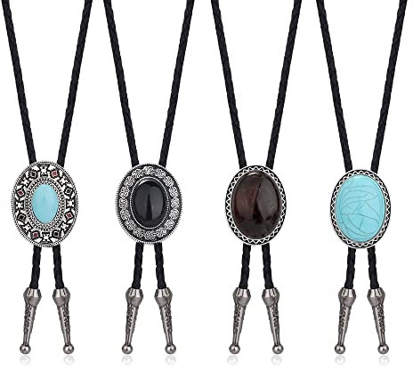 Finrezio 4Pcs Ties für Männer Damen Handgemachte Cowboy Leder Krawatte Western Native American Original Black Tie Vintage Clip Kostümzubehör