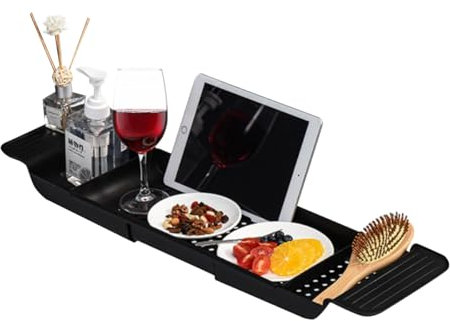 Vassoio per Vasca da Bagno, con Design Drenante, Traspirante Senza Umidità, Posizionamento Stabile, in Grado di Contenere Diversi Oggetti, Ripiano in Plastica Espandibile per Vasca da Bagno (Nero)