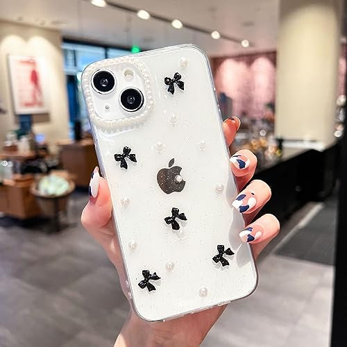 FIFTHAVE 3D fjäril mobiltelefonfodral för iPhone 14 glitterfodral, transparent silikonskal fjäril glänsande skyddande fodral flicka för iPhone 14 6,1 tum stötsäker stötdämpare, svart rosett