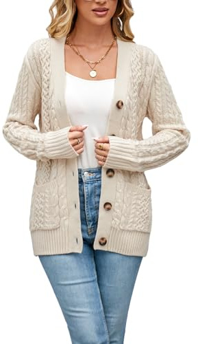 BuyiRen Womens Cardigan Sweaters Cable Knit Sweater 2026 Fall Winter Chunky Open Front Button Down Coats with Pockets, Apricot, UK 10
