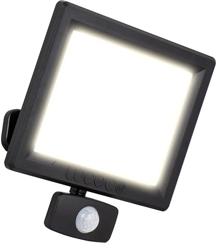 Luceco Outdoor Security LED Floodlight with PIR Motion Sensor for Driveways, Walkways and Gardens, Fit & Tilt Multi-Positioning, Exterior Lighting, Essence, Black, IP65, 50W, 5250lm, 4000K, EFLD50B40P