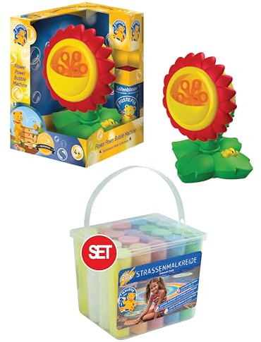 PUSTEFIX Seifenblasenmaschine Flower Power & MALEFIX Straßenkreide 20er Packung I Seifenblasen Kinder Set I Bubble Spaß bei Kinderparty & Geburtstag
