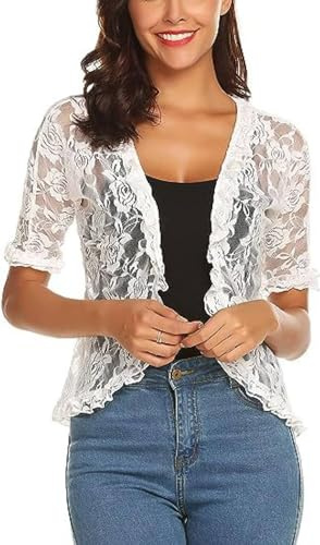WLLDDDIU Mujer Ligero Encaje Floral Transparente Cárdigan Elegante Manga Corta Frente Abierto Ver A Través Bolero Se Encoge De Hombros Chaqueta De Hombros Capa De Fiesta De Noche Cubier