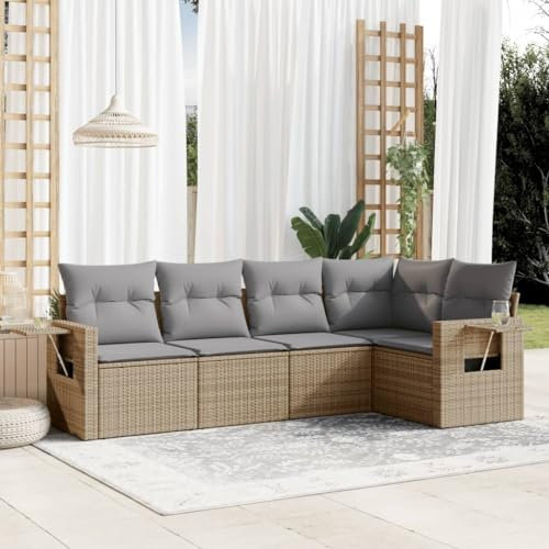 Rantry 5-TLG. Gartensofa Set mit Kissen Gartenlounge Loungesofa Gartenmöbel Ecklounge Ecksofa Balkonmöbel Loungemöbel Sitzgruppe für Garten Terrasse und Balkon Beige Poly Rattan