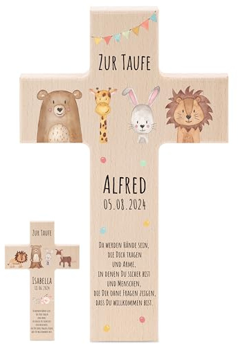 wunderwunsch - Personalisiertes Taufkreuz mit hochwertigem Spezial-Druck aus massivem Buchenholz - Taufe Geschenk - Holzkreuz Taufe (Tiere Girlande)