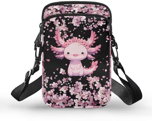 Jndtueit Sac à bandoulière Galaxy Libellule Rose pour femme Sac à main pour téléphone portable Mini fermeture éclair Portefeuille pour carte de téléphone, réglable, Fleur de cerisier Axolotl Rose