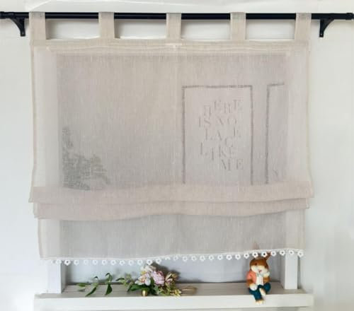 Vordesack Leinenoptik Raffrollo mit Blumen-Kante Unifarbige Raffgardine mit Schlaufen Landhausstil Wohnzimmer halbtransparent Gardinenschal Küche 1 Stück Sand HxB 140x90cm