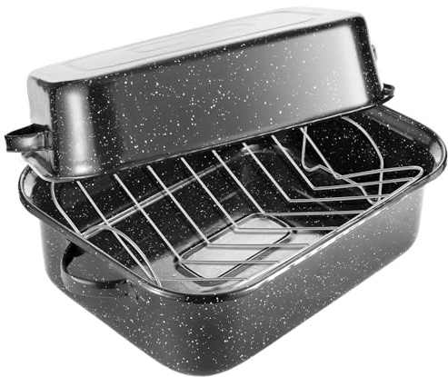 QPMR Sartén para asar con estante, sartén rectangular de granito de 21 pulgadas con baster para pavo, capacidad de 25 libras, olla grande para hornear pavo con tapa versátil