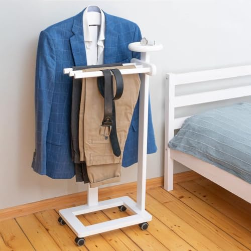 Tatkraft Graf – Herrendiener Modern, auf Rollen, mit Ablage und Kleiderbutler und 3 Hosenbügeln, Made in Italy, Stummer Diener Holz, aus Buche, Weiß