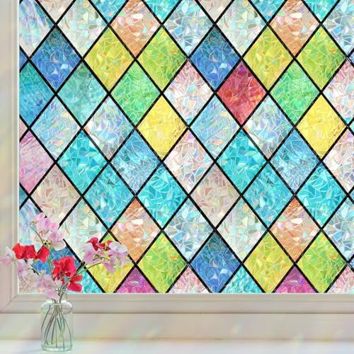 Haton Stained Glass Window Film, Rainbow Window Privacy Film, Decorative Sun Blocking Glass Clings Stickers, Static Cling Colorful Lattice Coverings Decals for Home Door 44.5x200cm