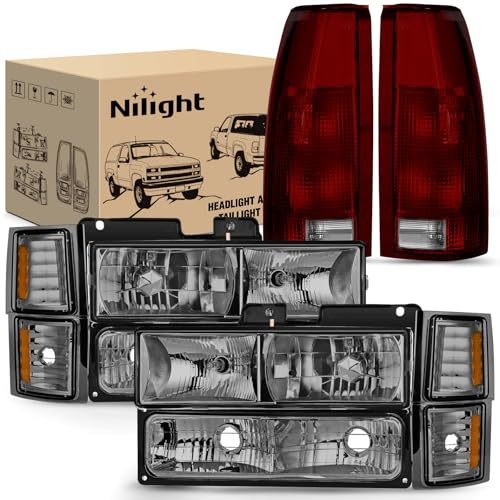 Nilight Headlight and Taillight Assembly Combo Compatible with 1994 1995 1996 1997 1998 Chevy Silverado Tahoe Suburban C10 C/K 1500 2500 3500 Tail Light Chrome Housing Amber Reflector Smoke Lens
