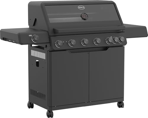 RÖSLE Gasgrill ALLFLAME Hero 6 – 6 Brenner (je 3,5 kW), PRIMEZONE, BACKBURNER, 92,5x45 cm Grillfläche, Gusseisenroste, Alu-Druckguss, Deckel mit Glaseinsatz, beleuchtete Drehknöpfe, schwarz | Gusseisenroste, große Grillfläche, Deckel mit Glaseinsatz, beleuchtete Drehknöpfe, pulverbeschichteter Stahl, schwarz