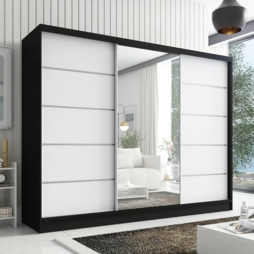 A&J MöbelLand Kleiderschrank Aurelia 1 – Schwebetürenschrank 200 cm breit mit Spiegel, 3-türig, Kleiderschrank mit Schubladen, Schiebetürenschrank für Schlafzimmer oder Garderobe