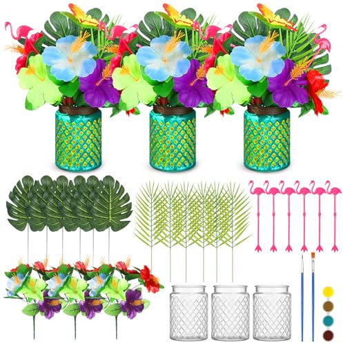 Geelin 38 Pcs Tropical Mason Jars Centerpieces Hawaiian Artificial Hibiscus Flowers Palm Leaves and Flamingoes Table Decorations for Summer Wedding Birthday Decor Vases Home Hostess Gift