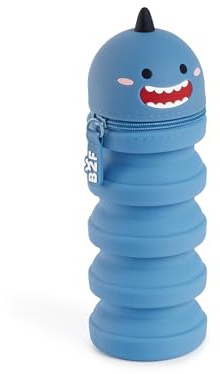 Back2Fun - 2-in-1 Federmäppchen, ausziehbar, Schulmäppchen, EIN Fach, einziehbar, aus weichem Silikon mit Reißverschluss, lustiges Material für die Schule, blau, ø65 x 185 mm, Hai