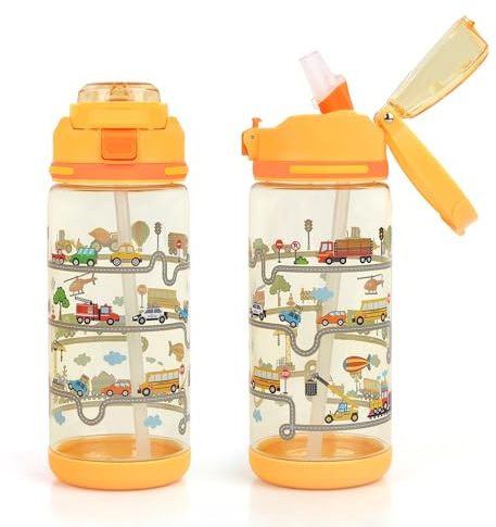decalsweet Gourde Enfant Anti-Fuite,600ml Gourde Maternelle Paille Véhicule | Bouteille Enfant avec Poignée,Gourde Sport pour Fille Garçon,École,Léger,Facile à nettoyer,Verrouillage Sécurisé,cadeau