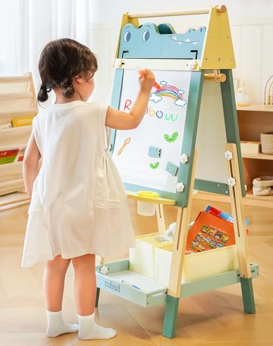 ROBUD Holztafel für Kinder, doppelseitiges Whiteboard & Kreidetafel mit Papierrolle, höhenverstellbare Zeichentafel mit Magneten, Farbtöpfen, Krokodil-Design für Jungen & Mädchen ab 3 Jahren
