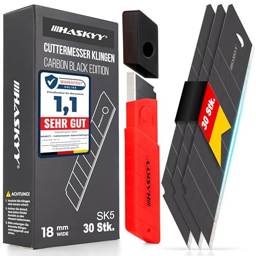 HASKYY Lot de 30 lames sécables de rechange SK5-18 mm - En acier au carbone - Pour cutter à moquette - Noir - Extrêmement tranchantes