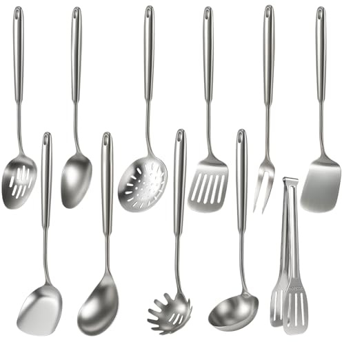 Newness 11 Pcs Cooking Utensils Set, 304 Stainless Steel Kitchen Utensils Set, Metal Kitchen Accessories, Include Soup Ladle, Slotted Skimmer Spoon, Spaghetti Spoon and Spatula, Dishwasher Safe