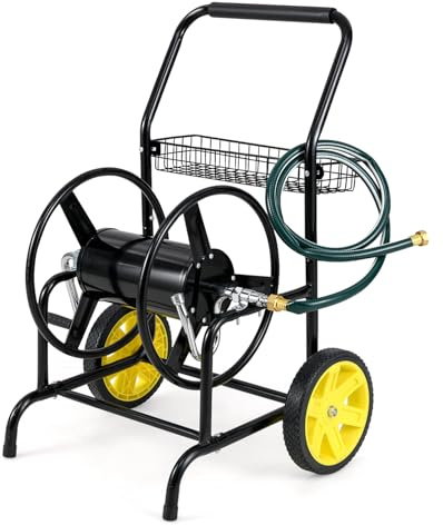 Carrello avvolgitubo da giardino in metallo con ruote, carrello per una facile conservazione del tubo, manico imbottito, perfetto per prato e uso esterno (argento)