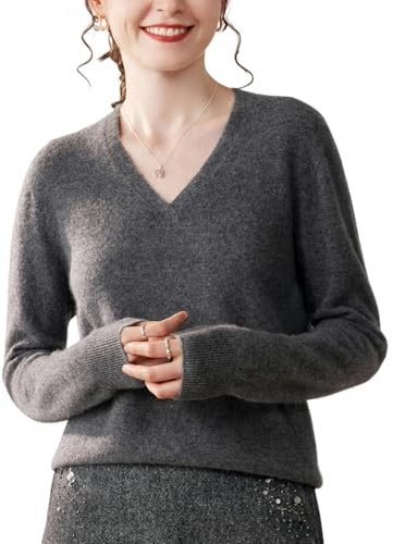 DISSA MH605 - Maglione da donna in cashmere con scollo a V, a maniche lunghe, in lana e cashmere, grigio., 48