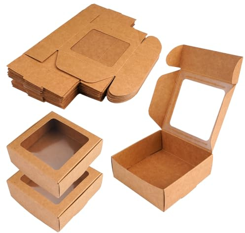 24 Piezas Caja Kraft con Ventana 9.5x9.5x3.5 cm, Cajas Pequeñas de Carton
