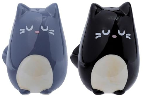 TENLITE Feline Fine Cat Salt & Pepper Shakers Set – Cute Black & Grey Ceramic Cats, Kitchen Table Accessories, Gift for Cat Lovers, Decorative Home Décor.
