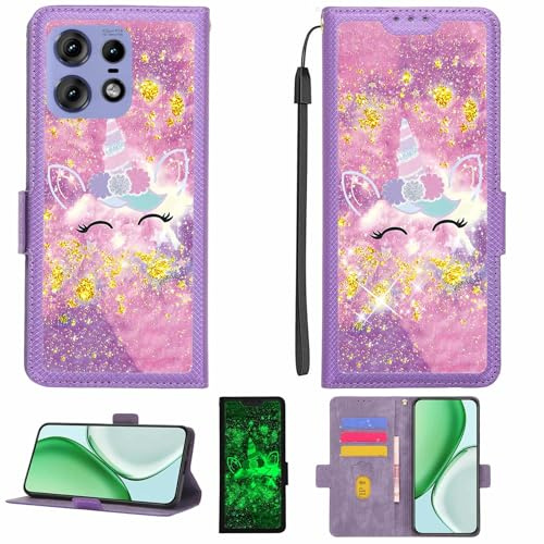 Kinetijy Coque Compatible pour Moto Edge 50S Pro 5G 2024 Coque Étui Housse Case Support [avec Film Protecteur HD d'une dureté de 9H] [Blocage RFID][Paillettes dorées + Brillantes] LPT-DJS