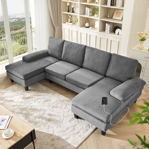 LEMROE U Shaped Sectional Sofa Couch with USB Charger, Corduroy 4 Seater Couches for Living Room, Corner Sofa with Chaise Lounges & Cushions (Grey)