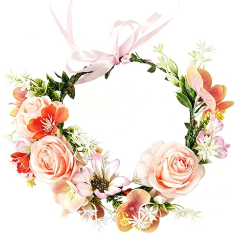 Blumenkranz Haare Rosa - Romantische Blumenkrone Verstellbarer Haarschmuck Hochzeit, Braut Haarschmuck für Kommunion, Festival, Party & Strand, Realistische Kunstblumen mit Seidenband