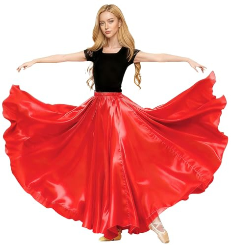 Baisdan Jupe Danse Orientale Femme en Satin, Jupe Longue Cercle Complet pour Flamenco, Halloween, Cosplay Rouge