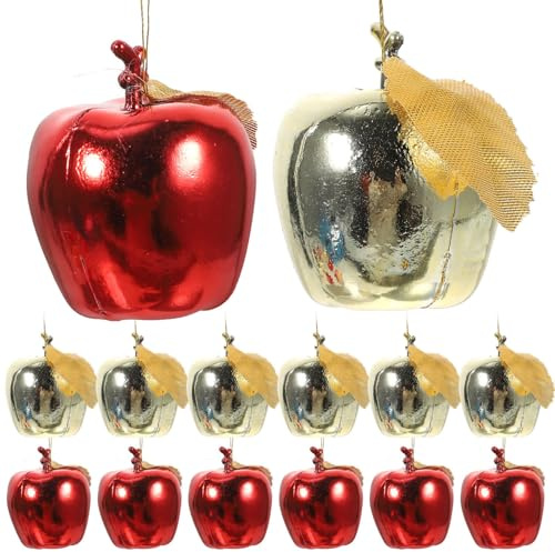 Amosfun 24pcs Christmas Hanging Ornaments Plastic Simulation Apple Hanging Pendant for Christmas Tree Decorations (Golden Red)