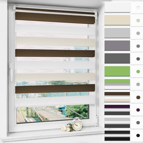 Magiea Doppelrollo Klemmfix ohne Bohren & mit Bohren, Weiß-beige-braun B90 x H130 cm Stoffbreite 86 cm, Klemmrollo lichtdurchlässig und Blickdicht, Fensterrollo Sonnenschutzrollo für Fenster