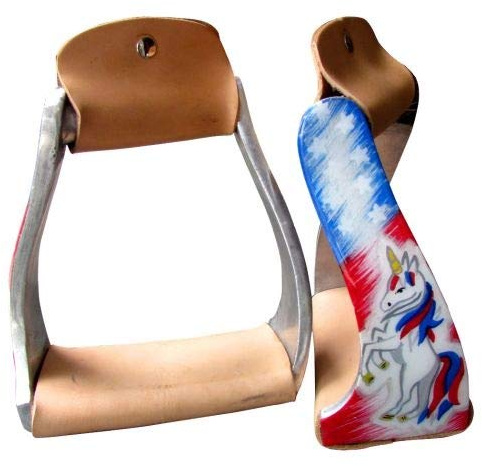 Showman Pony/Youth Polished Aluminum Stirrup with red, White, and Blue Unicorn Design.