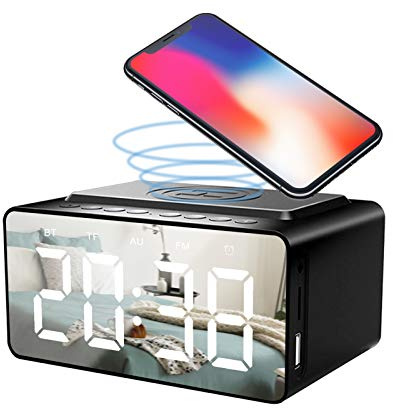 Bluetooth Speaker, Bedside Large HD LED Display Alarm Clock Radio BLE Speaker Wireless Charger with USB Port for Mobile Phone