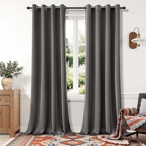 MIULEE Mörkläggningsgardiner – värmeisolerade färdiga gardiner, set med 2 ogenomskinliga gardiner med kallt skydd för sovrum och vardagsrum, 215 x 140 cm (H x B), grå