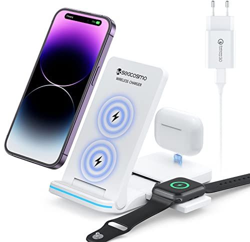 seacosmo Vikbar 3-i-1 induktionsladdare för iPhone 15/14/13/12/Pro/Max/Plus, trådlös laddare för Apple Watch Ultra 9/8/7/6/5/4/3, laddningsstation för AirPods 3/2 Pro